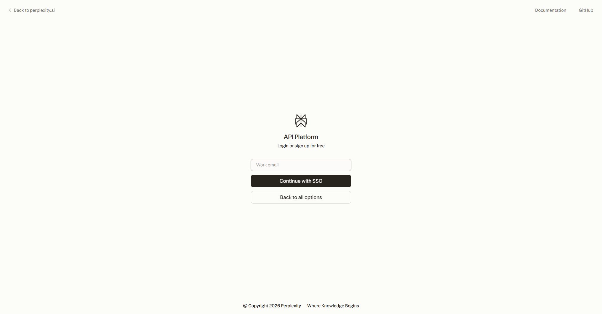 Single sign-on view with Work email field, Continue with SSO button, and Back to all options link