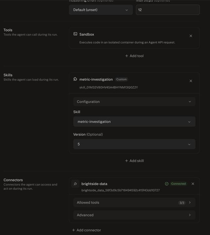 Profile settings with Sandbox under Tools, a pinned metric-investigation Skill, and brightside-data under Connectors