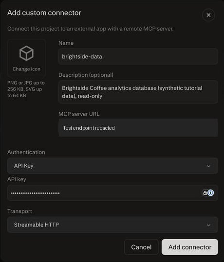 Custom connector dialog showing brightside-data, API Key authentication, and Streamable HTTP, with the test endpoint redacted