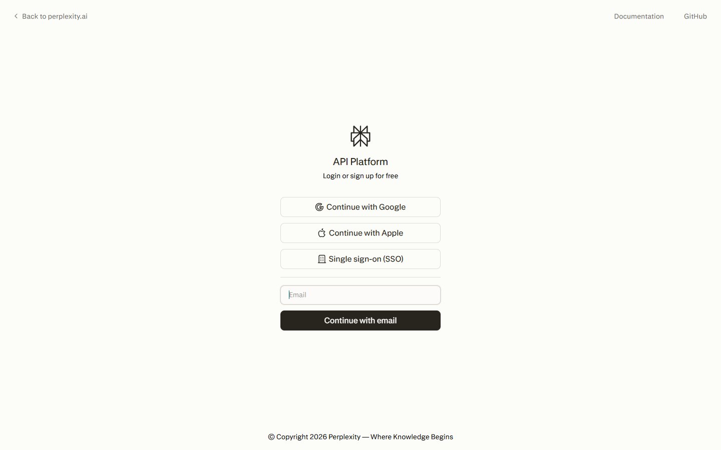 API Platform login page with Continue with Google, Continue with Apple, Single sign-on (SSO), and Continue with email options